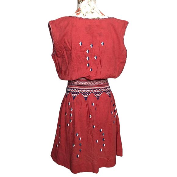 The Great Size Small Red Embroidered Smocked Waist Dress Sleeveless Geometric - Picture 5 of 8